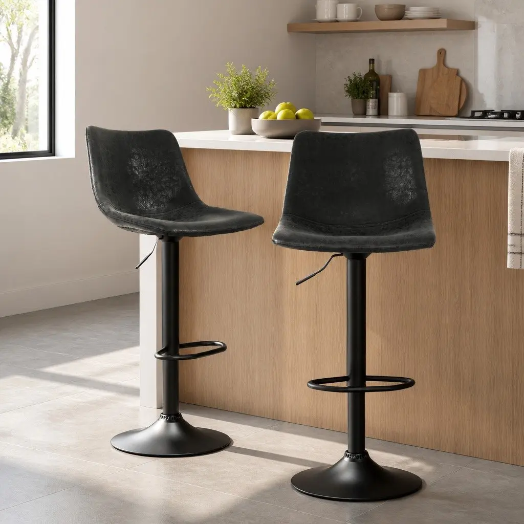 Bar Stools Black Vintage Leather Swivel Adjustable Height Padded Seat 2 Pack