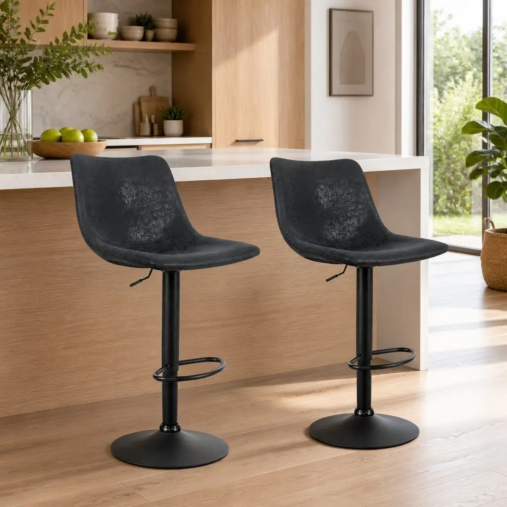 Bar Stools Black Vintage Leather Swivel Adjustable Height Padded Seat 2 Pack