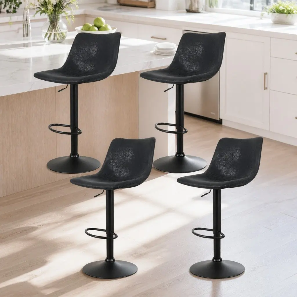 Bar Stools Black Adjustable Height Vintage Swivel Faux Leather Circular Backrest Footrest Set of 4