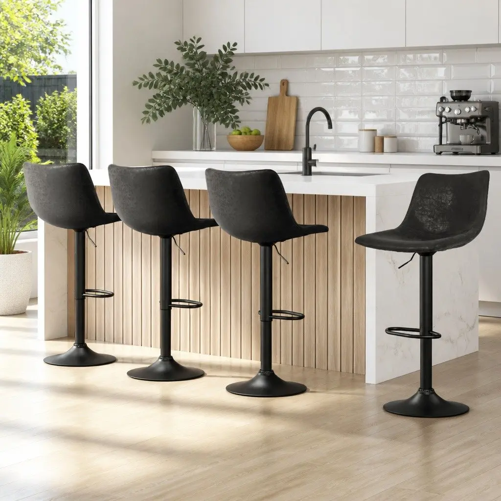 Bar Stools Black Adjustable Height Vintage Swivel Faux Leather Circular Backrest Footrest Set of 4