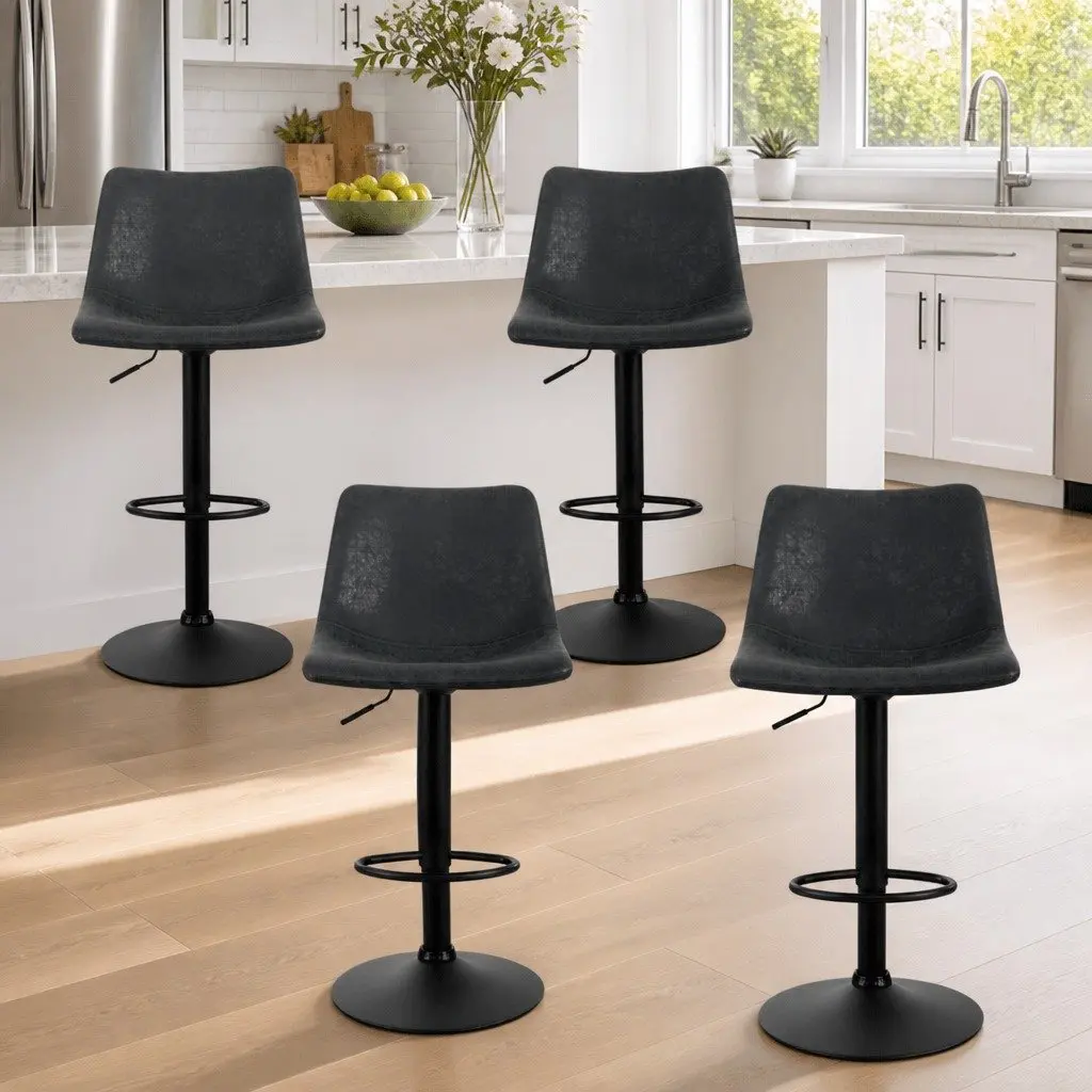 Bar Stools Black Adjustable Height Vintage Swivel Faux Leather Circular Backrest Footrest Set of 4