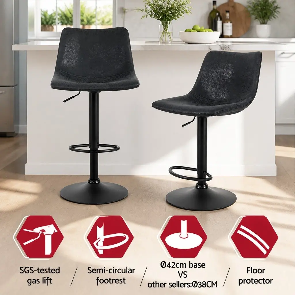 Bar Stools Black Adjustable Height Vintage Swivel Faux Leather Circular Backrest Footrest Set of 4