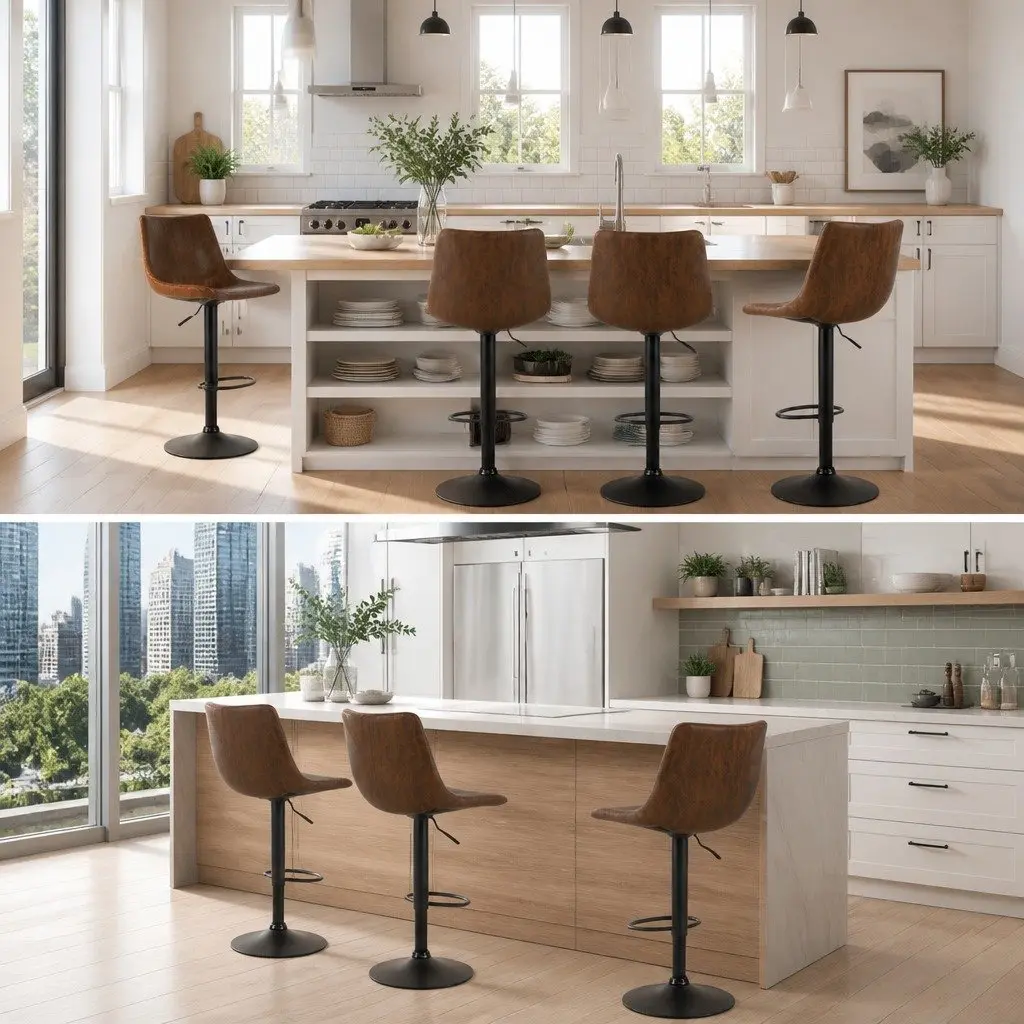 Bar Stools Brown 2 Piece Vintage Swivel Gas Lift Padded Seat High Back