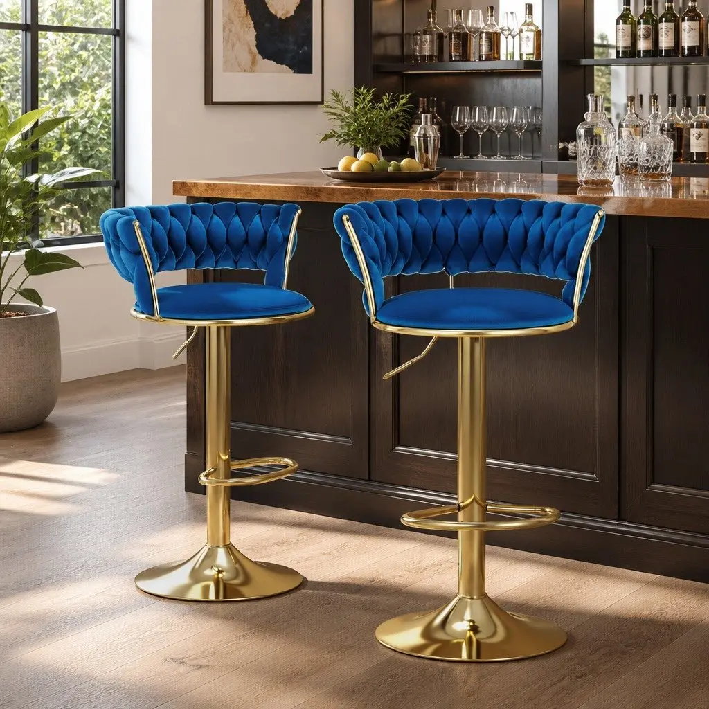 Bar Stools Navy Blue Adjustable Height Gas Lift Velvet Woven Backrest Swivel Chair Set 2 Piece