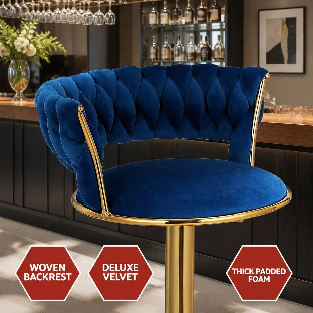 Bar Stools Navy Blue Adjustable Height Gas Lift Velvet Woven Backrest Swivel Chair Set 2 Piece