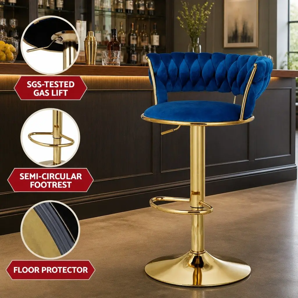 Bar Stools Navy Blue Adjustable Height Gas Lift Velvet Woven Backrest Swivel Chair Set 2 Piece