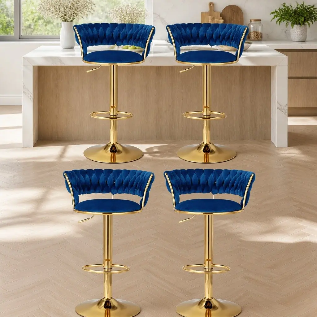 Bar Stools Navy Blue Height Adjustable Set of 4 Gas Lift Velvet Woven Backrest