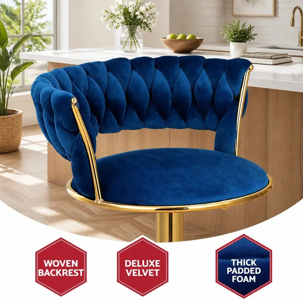 Bar Stools Navy Blue Height Adjustable Set of 4 Gas Lift Velvet Woven Backrest