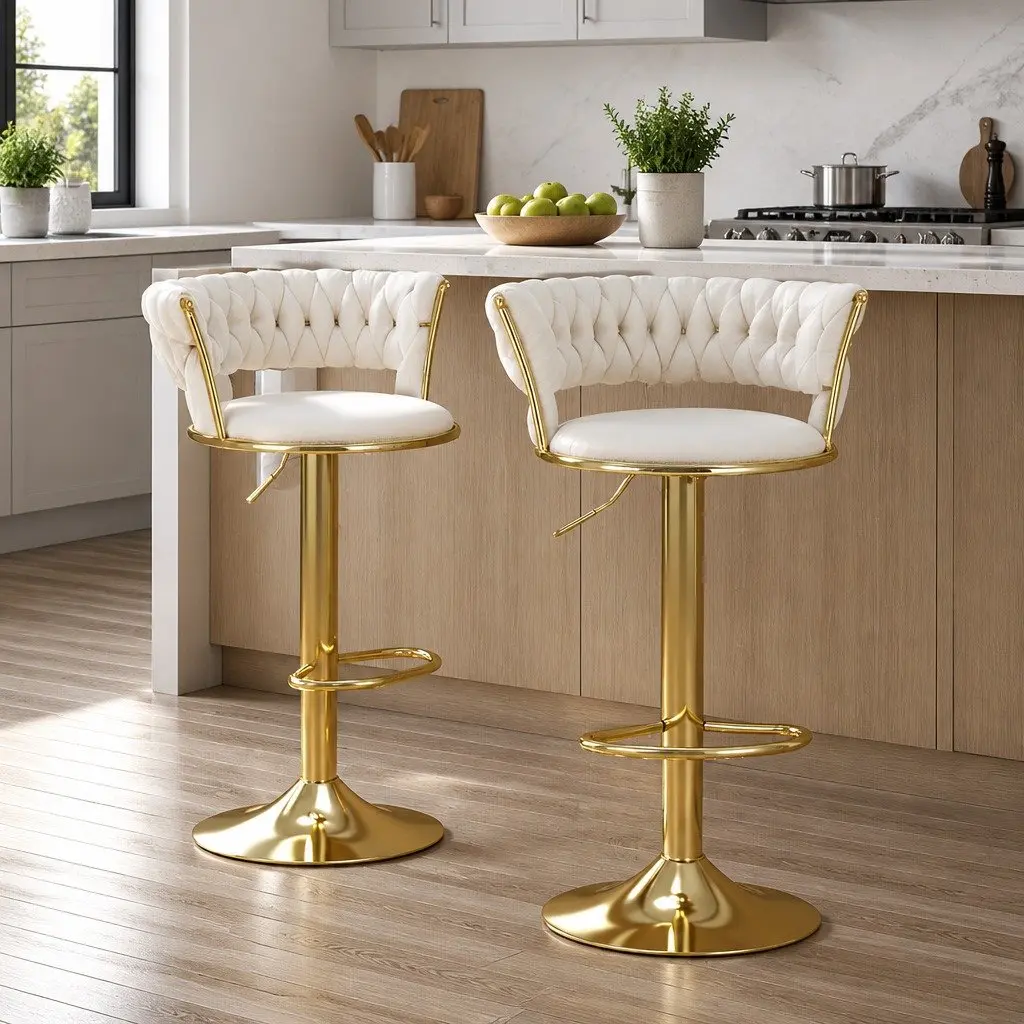 Bar Stools Beige Adjustable Height Gas Lift Velvet Woven Backrest Swivel Seat