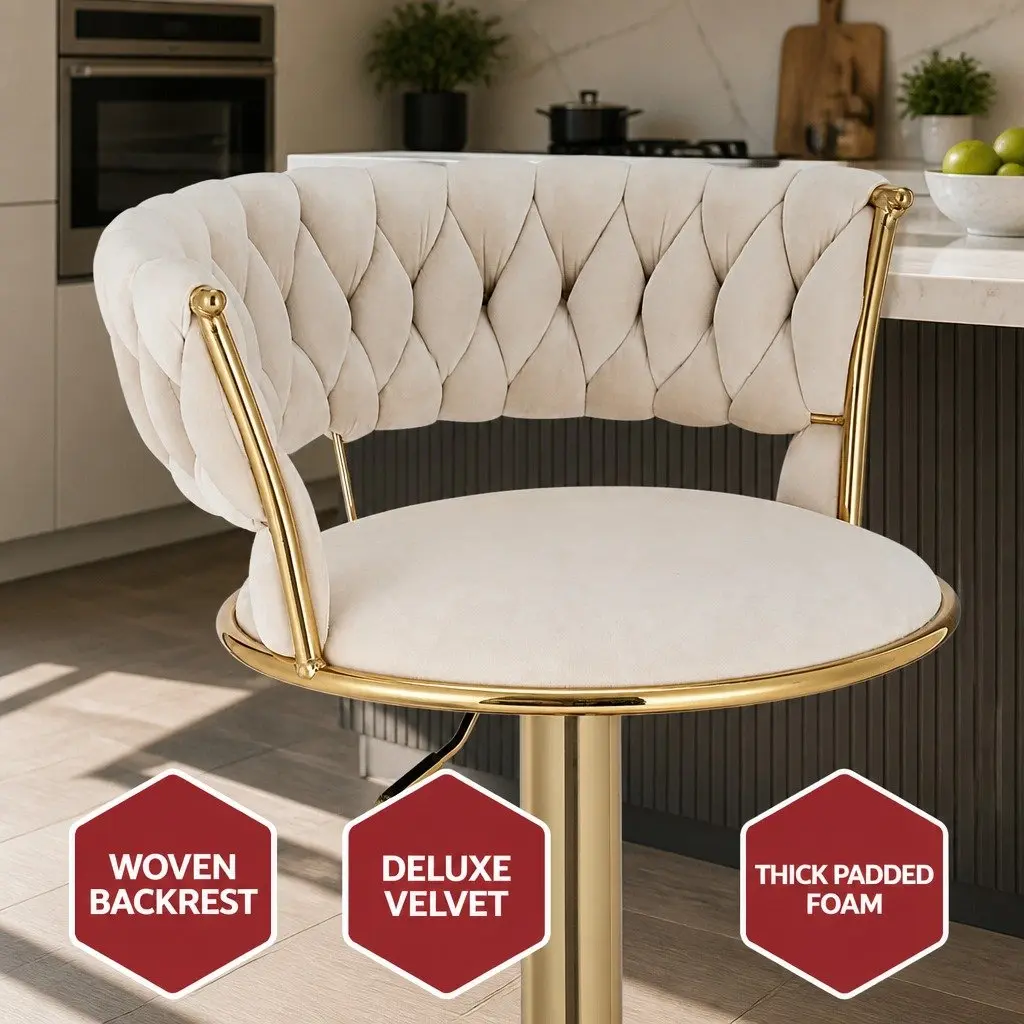 Bar Stools Beige Adjustable Height Gas Lift Velvet Woven Backrest Swivel Seat