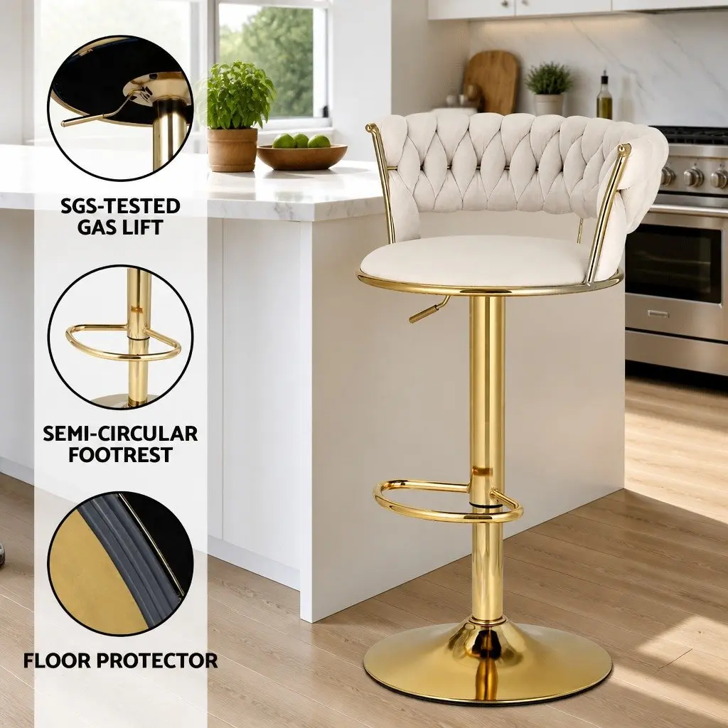 Bar Stools Beige Adjustable Height Gas Lift Velvet Woven Backrest Swivel Seat