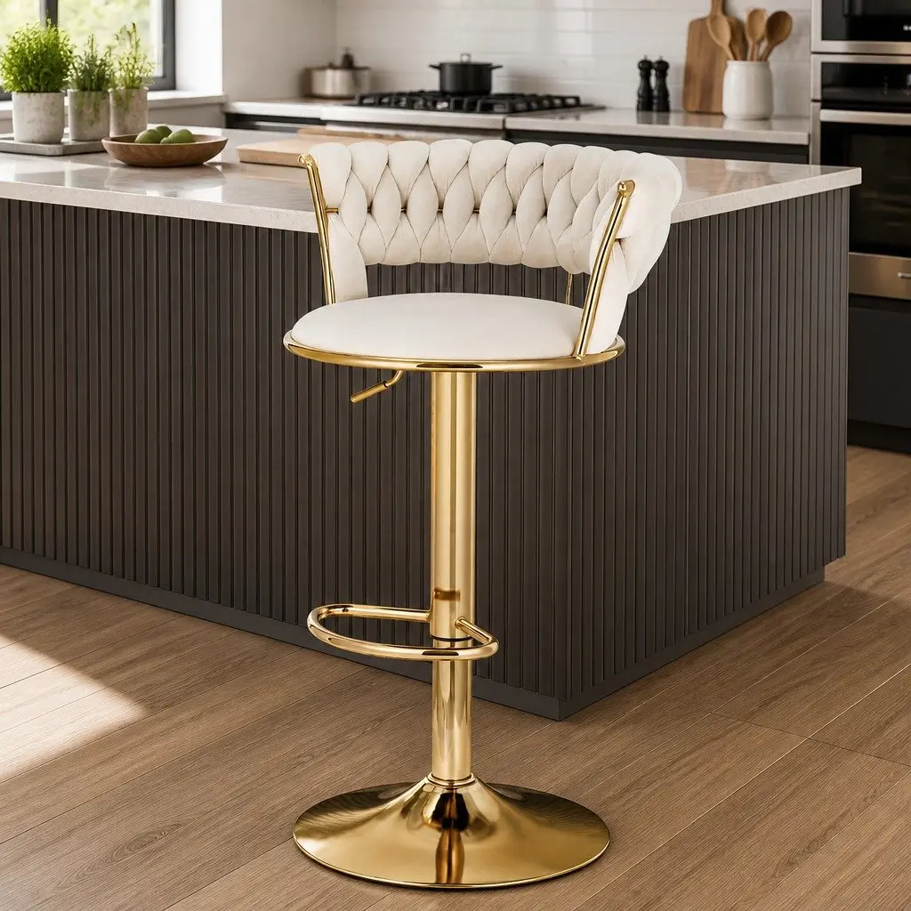 Bar Stools Beige Adjustable Height Gas Lift Velvet Woven Backrest Swivel Seat