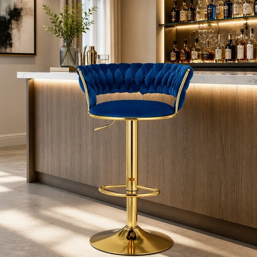 Bar Stools Navy Blue Adjustable Height Velvet Swivel Seat with Hand-woven Backrest