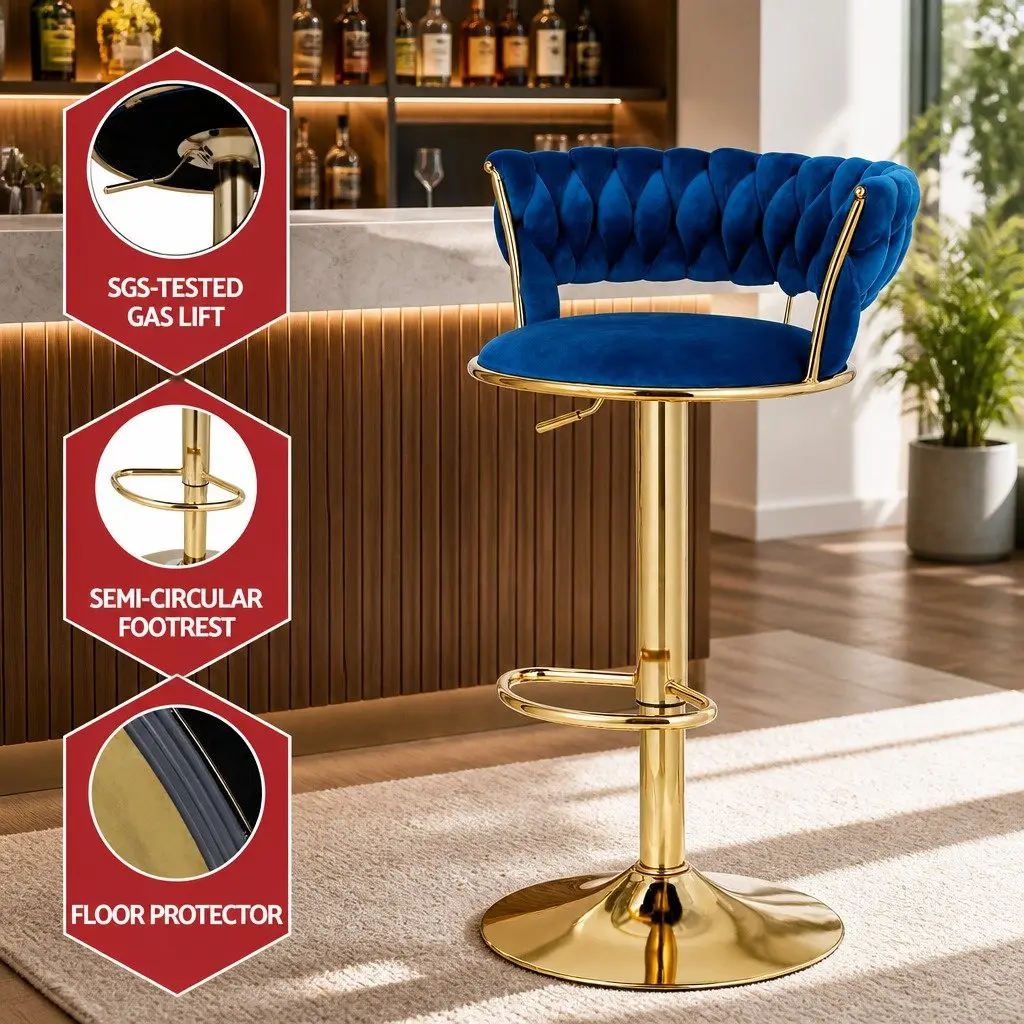 Bar Stools Navy Blue Adjustable Height Velvet Swivel Seat with Hand-woven Backrest
