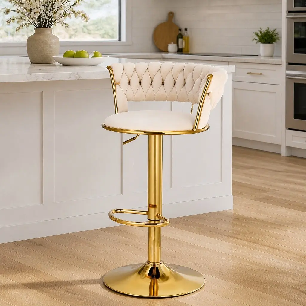 Bar Stools Ivory Velvet 61cm-81cm Gas Lift Swivel Seat Hand-Woven Backrest