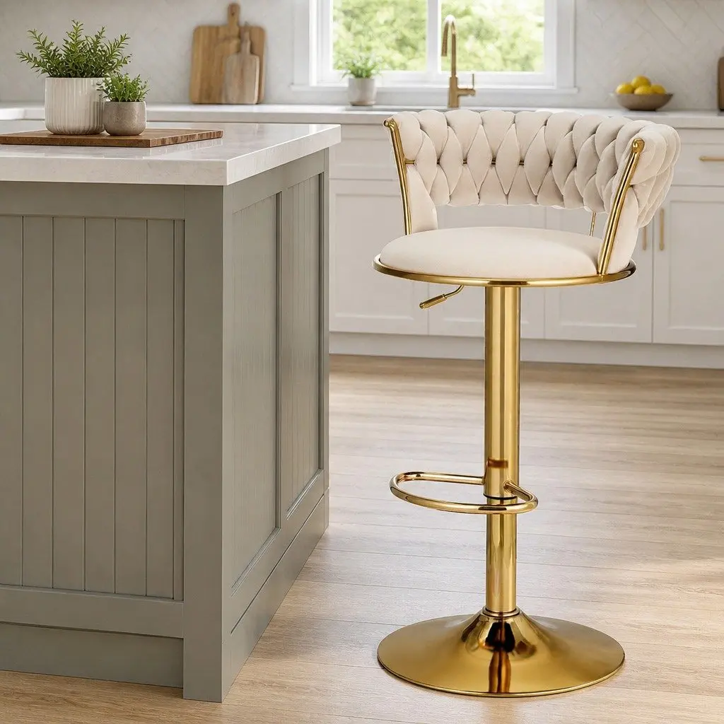 Bar Stools Ivory Velvet 61cm-81cm Gas Lift Swivel Seat Hand-Woven Backrest