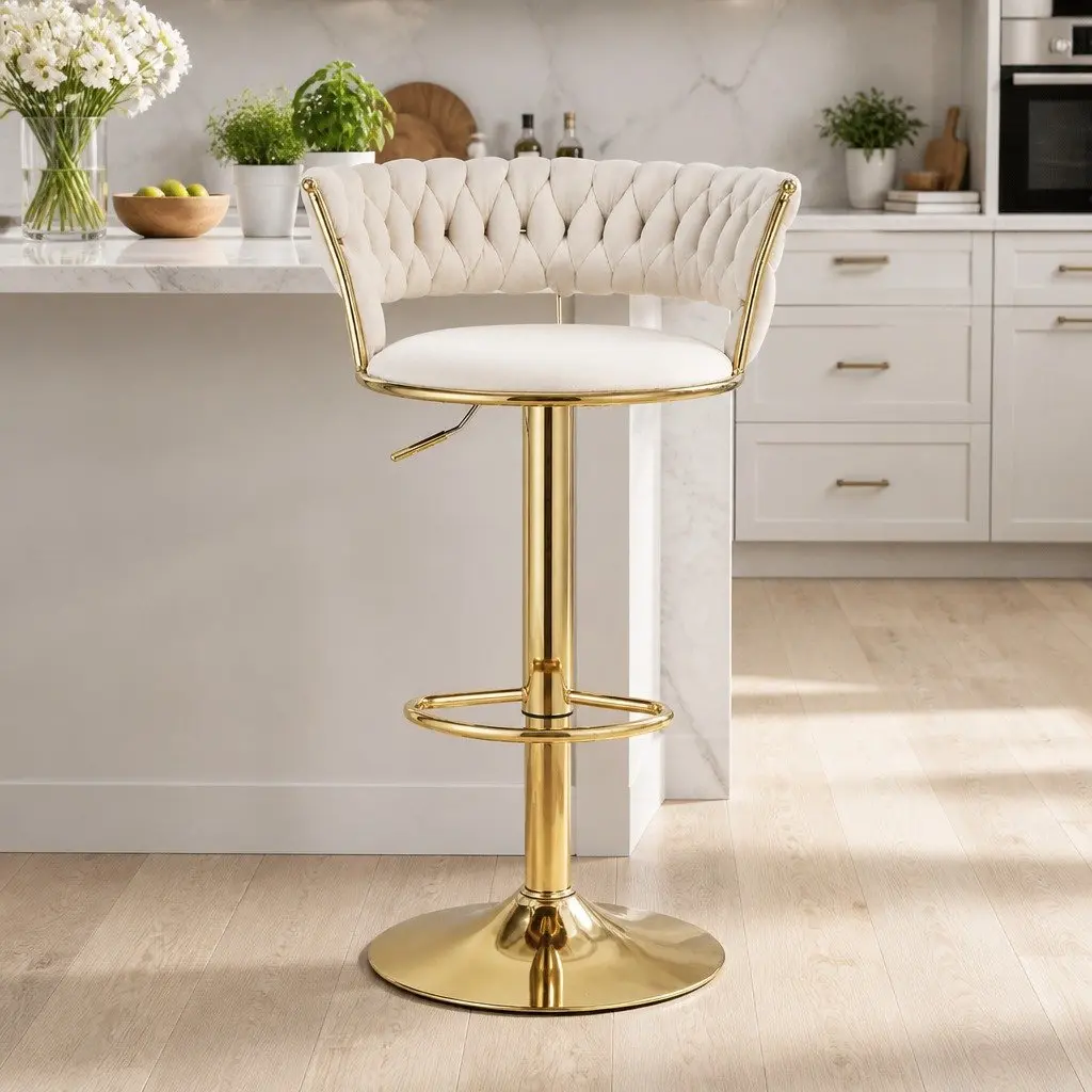 Bar Stools Ivory Velvet 61cm-81cm Gas Lift Swivel Seat Hand-Woven Backrest