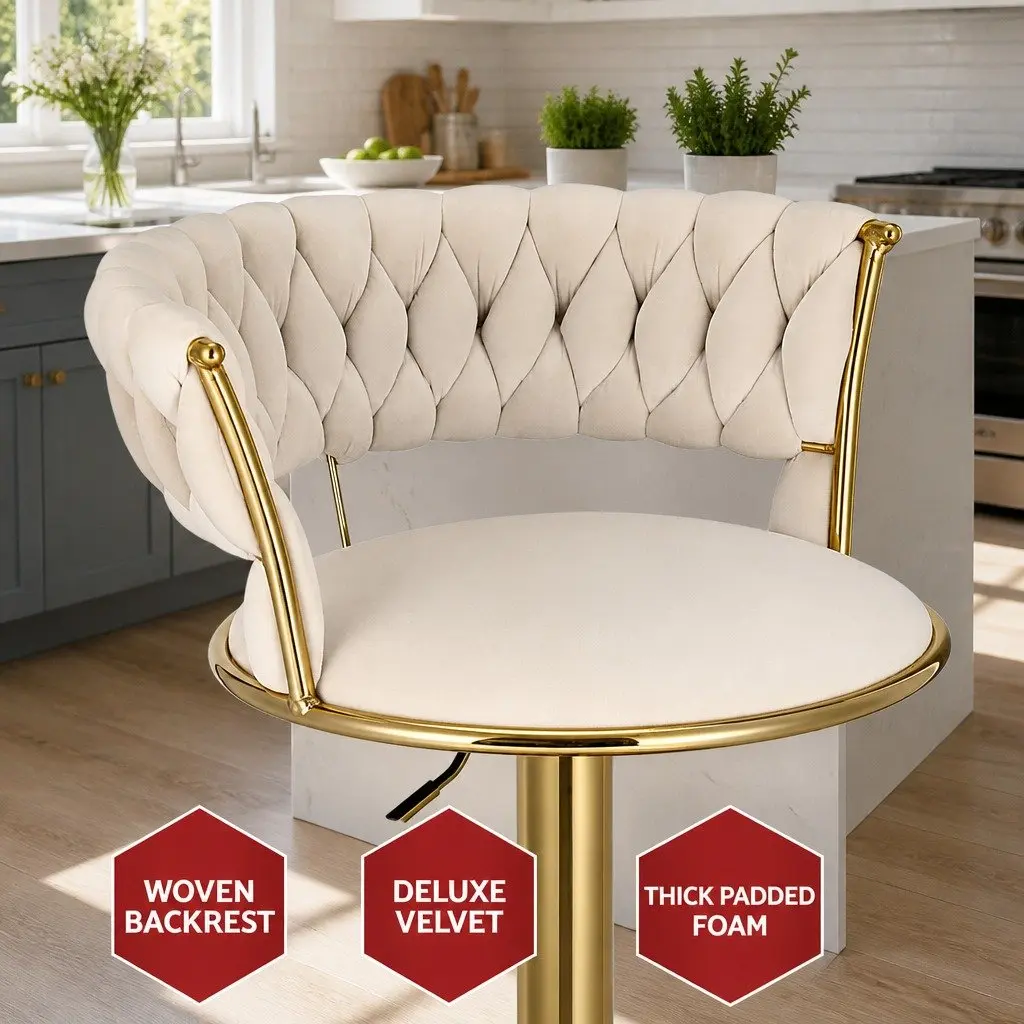 Bar Stools Ivory Velvet 61cm-81cm Gas Lift Swivel Seat Hand-Woven Backrest