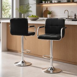 Black Leather Bar Stools with Armrest – Set of 2