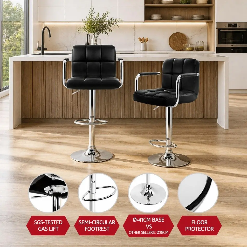 Bar Stools Black Adjustable Height Armrest 360 Swivel PU Leather Set of 2