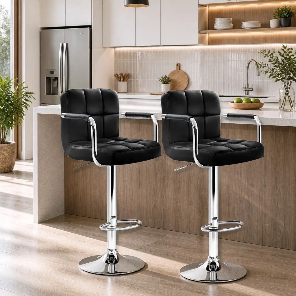 Bar Stools Black Adjustable Height Armrest 360 Swivel PU Leather Set of 2