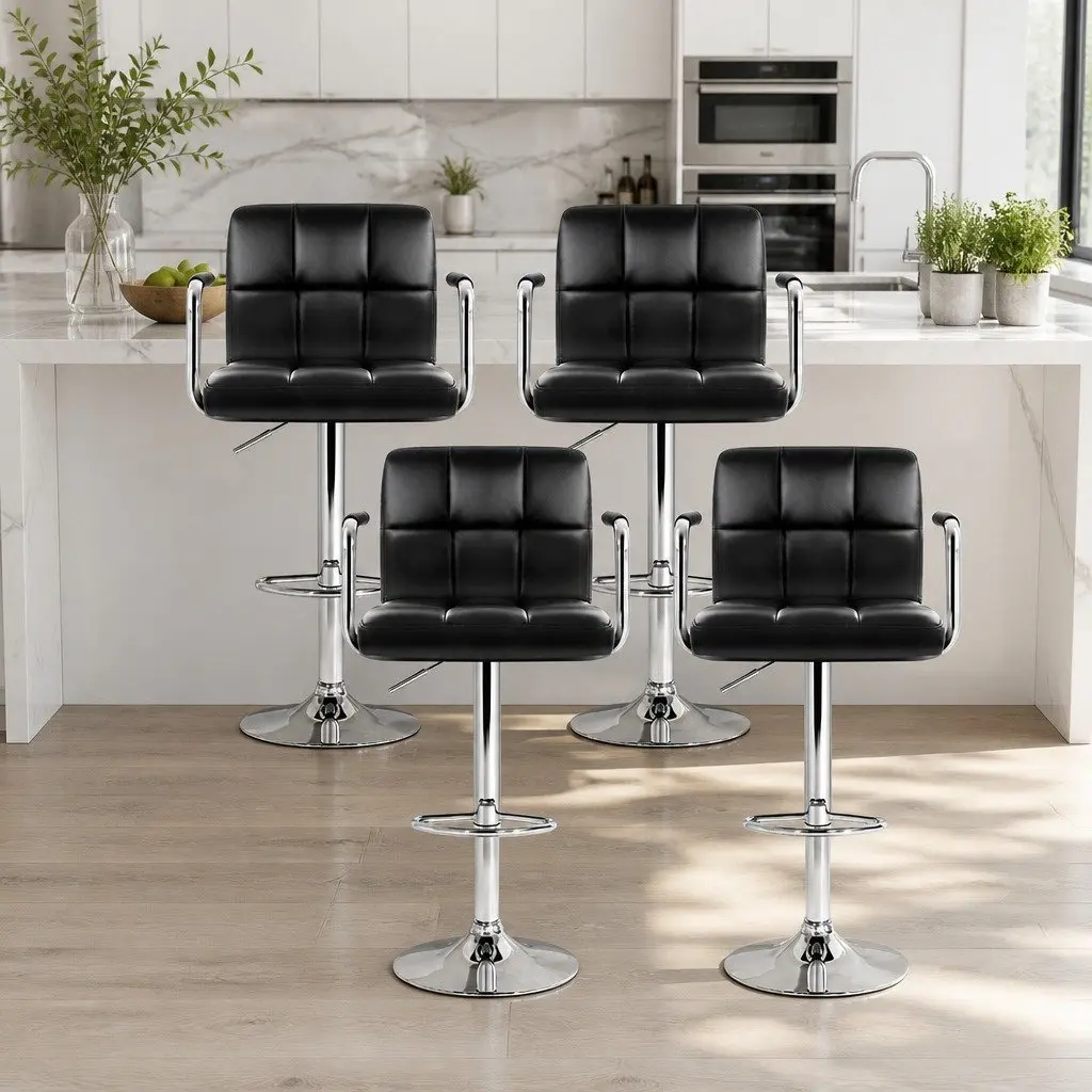 Bar Stools Black Adjustable Height Gas Lift Swivel Armrest 4 Piece