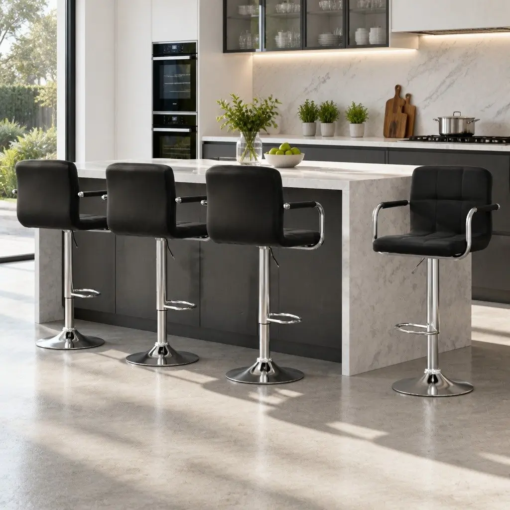 Bar Stools Black Adjustable Height Gas Lift Swivel Armrest 4 Piece