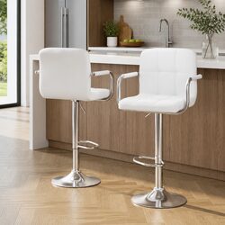 Bar Stools 2 Pack Gas Lift Swivel Armrest White Kitchen Dining Chairs