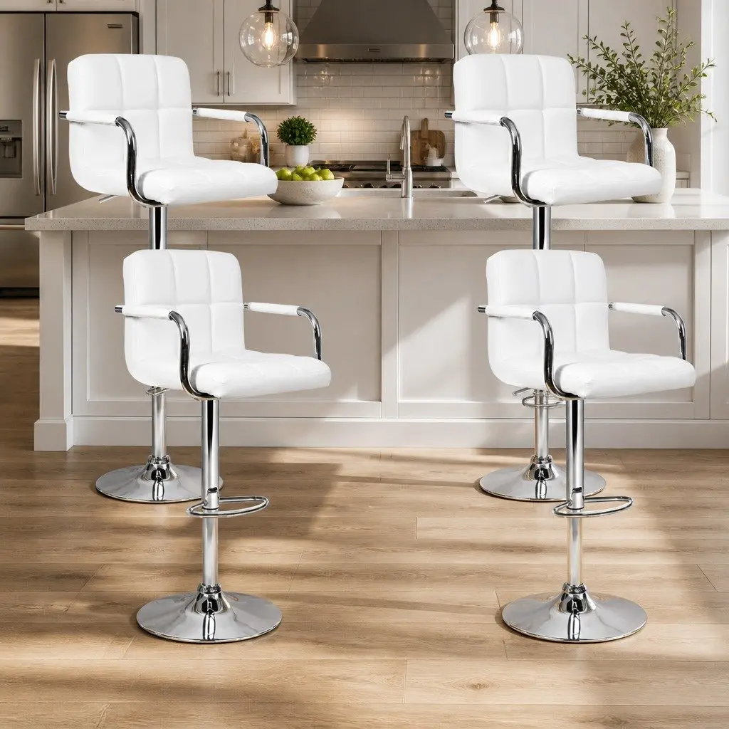 Bar Stools White Adjustable Height Padded Seat Ergonomic Armrest Set of 4