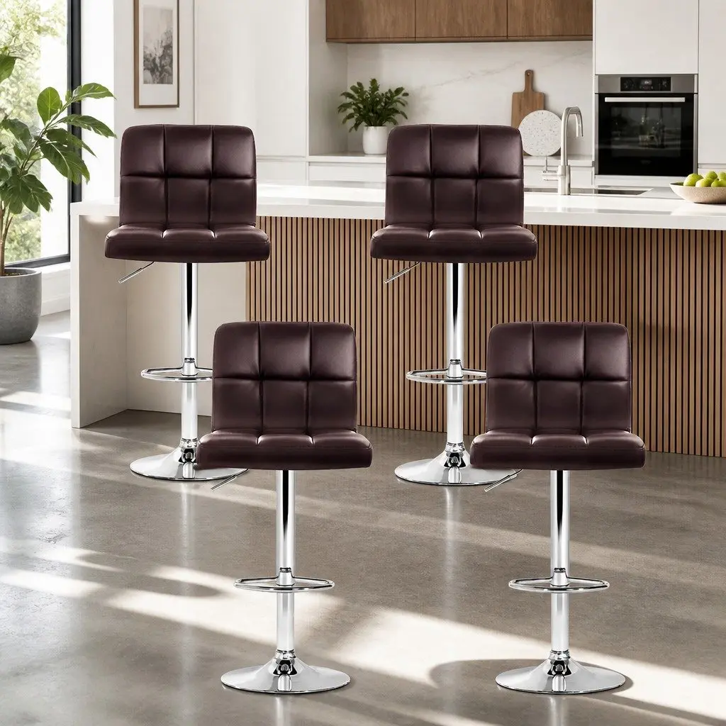 Bar Stools Set of 4 Gas Lift Height Adjustable Swivel Chair Brown