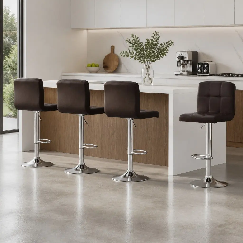 Bar Stools Set of 4 Gas Lift Height Adjustable Swivel Chair Brown