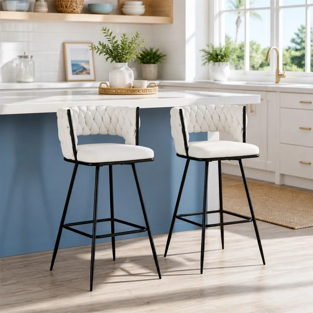 Bar Stools Beige 75cm Cushioned Back Velvet Upholstery Metal Frame Set of 2