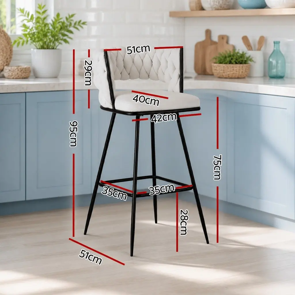 Bar Stools Beige 75cm Cushioned Back Velvet Upholstery Metal Frame Set of 2