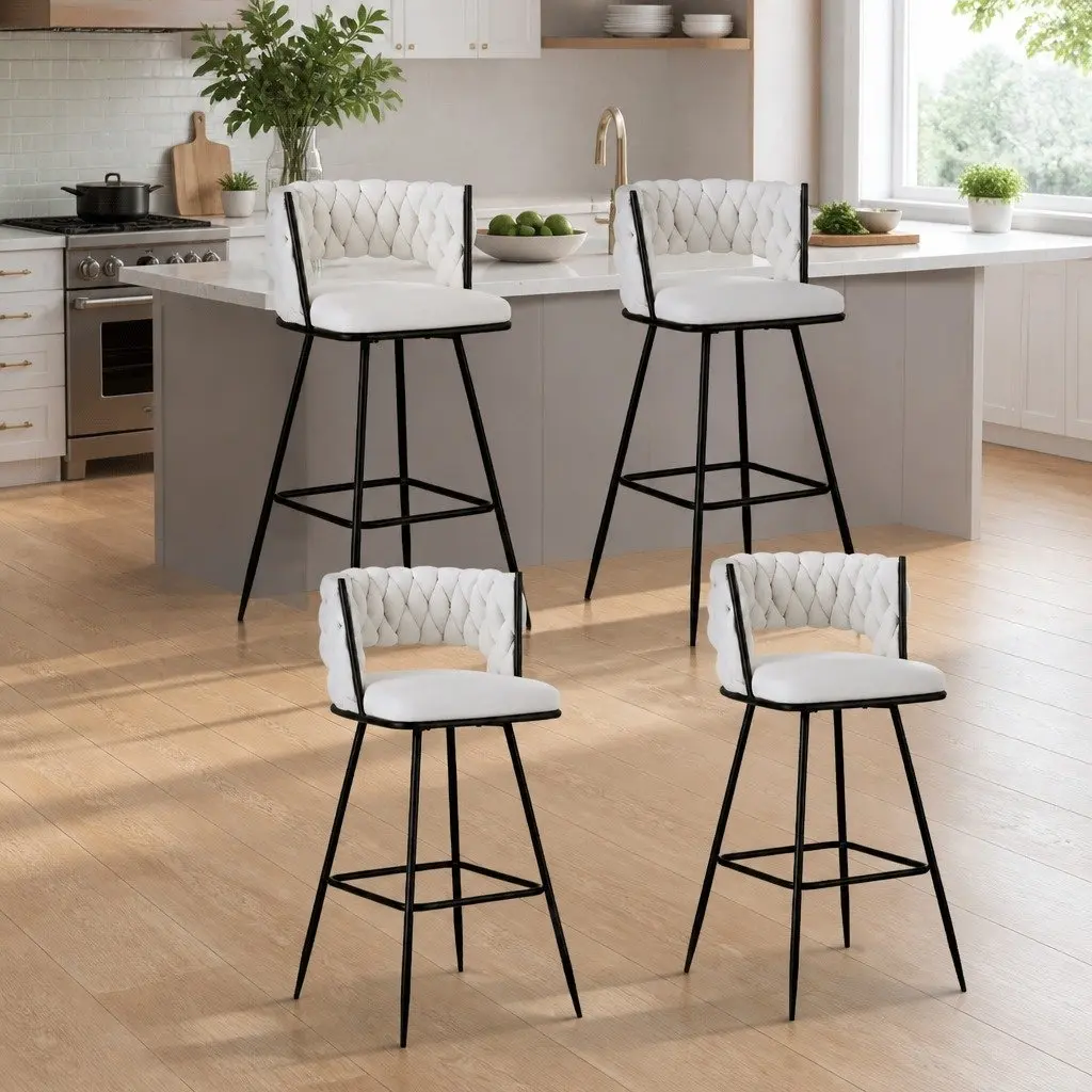 Bar Stools Beige 75cm Cushioned Back Support Velvet Upholstered Set of 4