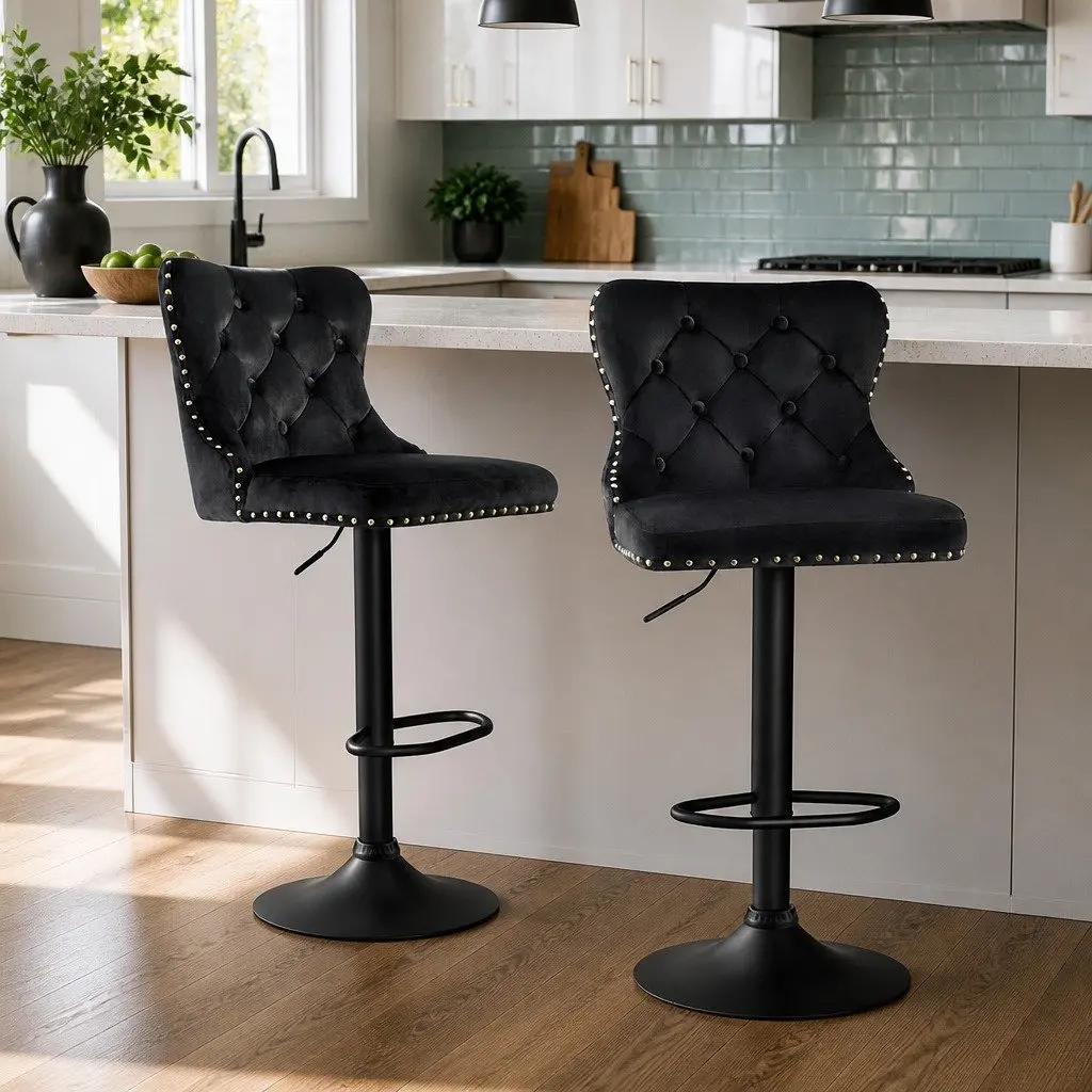 Bar Stool Black Adjustable Height Velvet Padded Set of 2 Nailhead