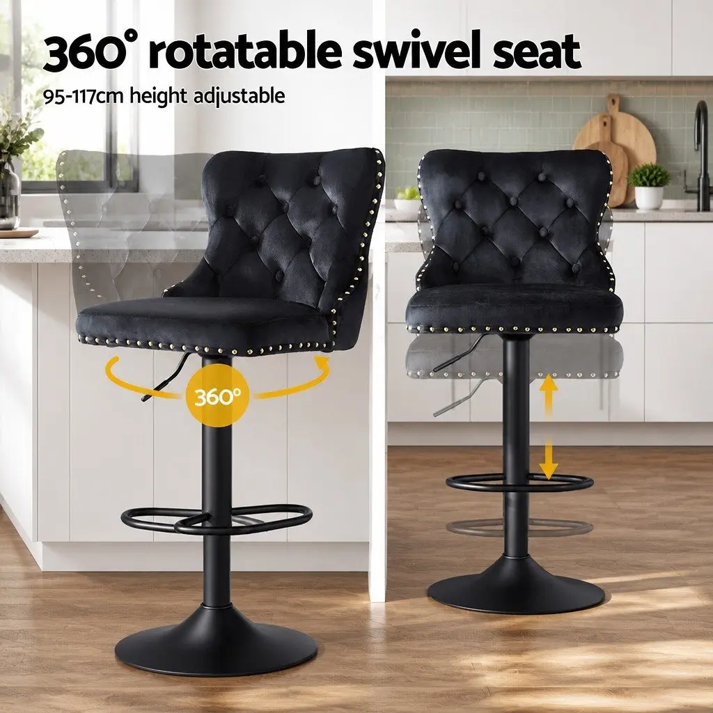 Bar Stool Black Adjustable Height Velvet Padded Set of 2 Nailhead
