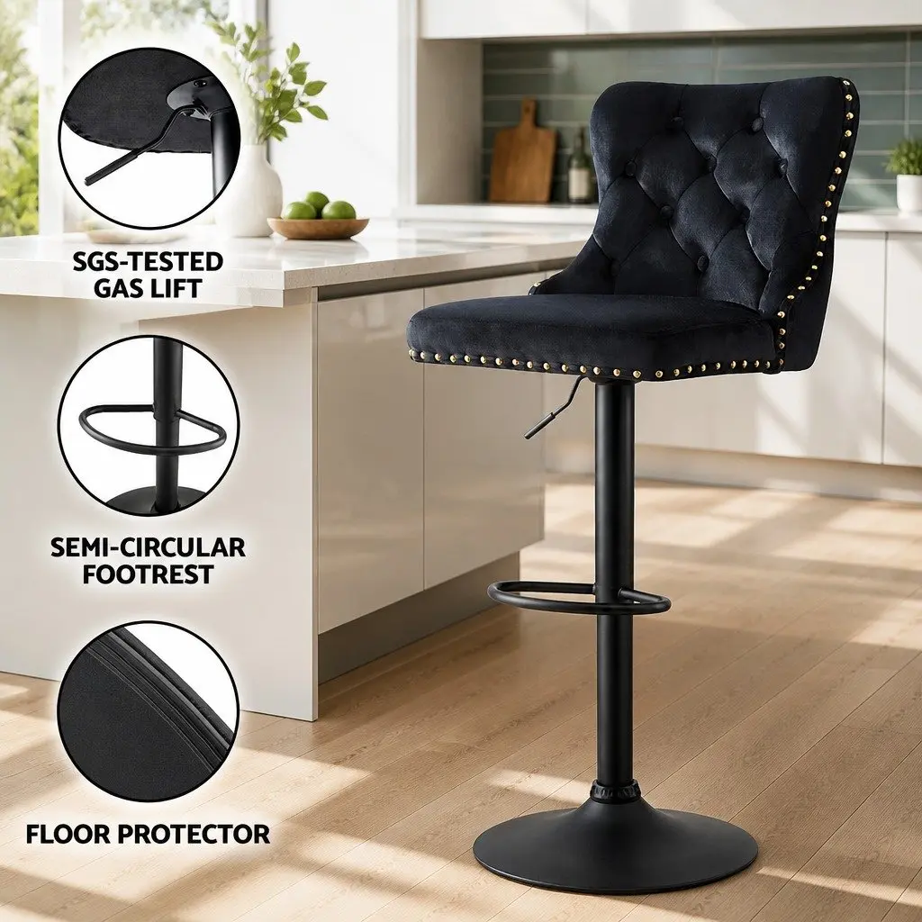 Bar Stool Black Adjustable Height Velvet Padded Set of 2 Nailhead