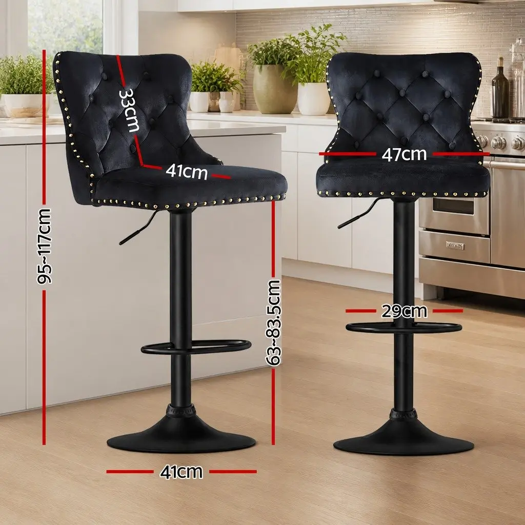 Bar Stools Black Adjustable Height Velvet Upholstered with Nailhead Trim Set of 4
