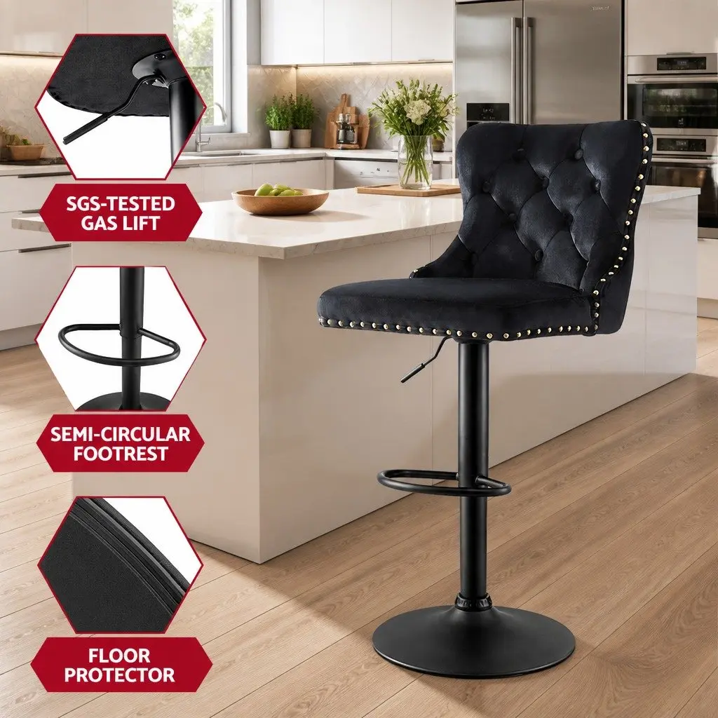 Bar Stools Black Adjustable Height Velvet Upholstered with Nailhead Trim Set of 4