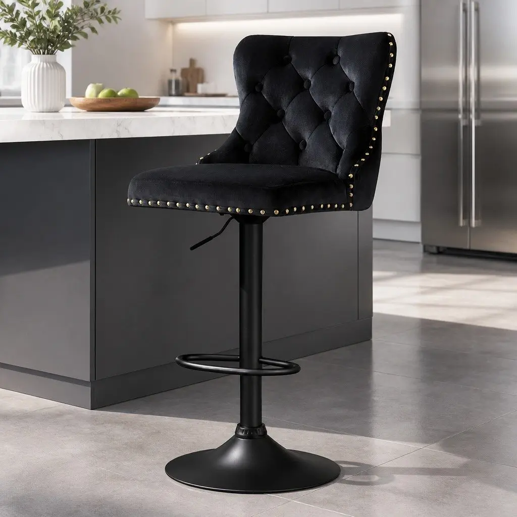 Bar Stool Black Adjustable Height Padded Seat Nailhead Trim