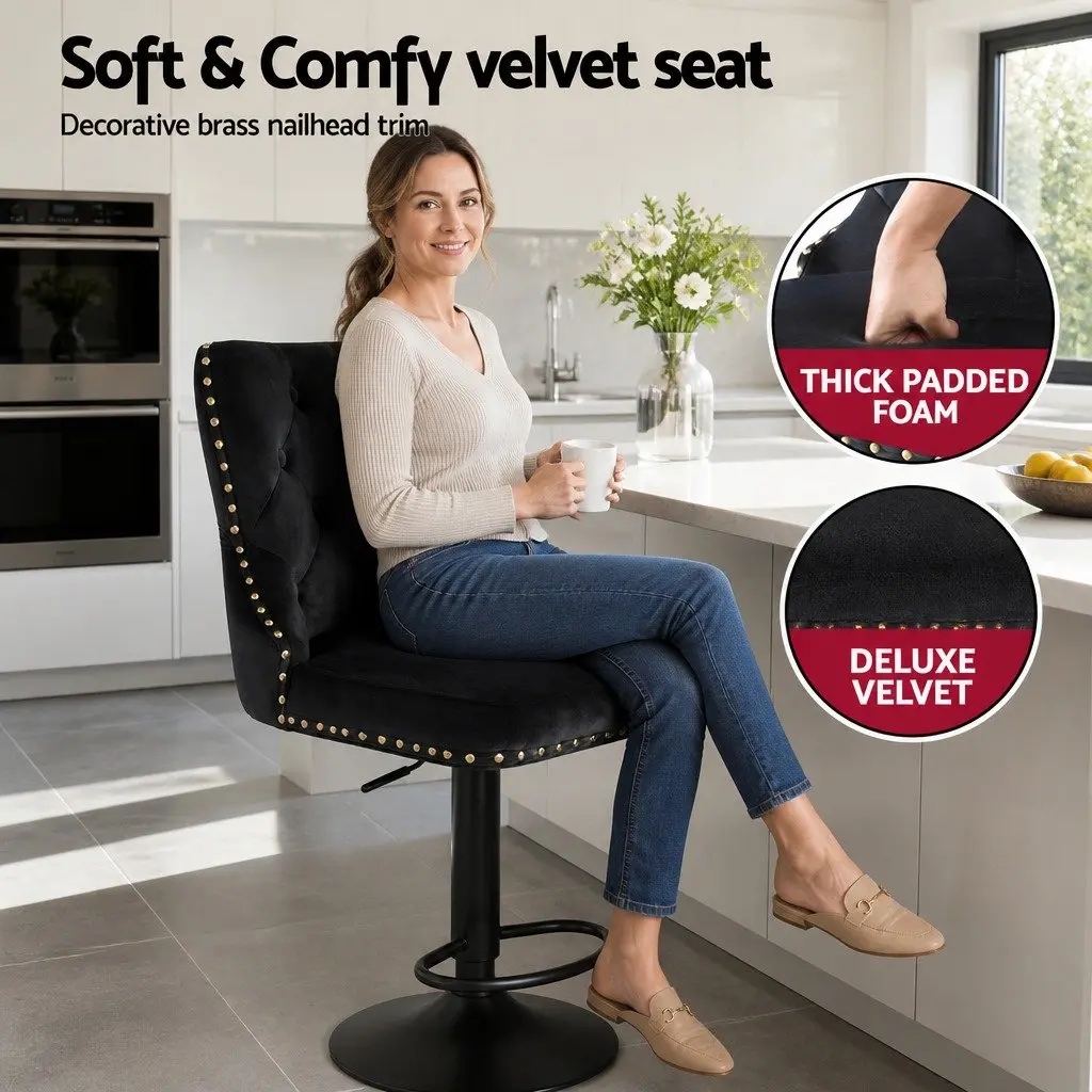 Bar Stool Black Adjustable Height Padded Seat Nailhead Trim