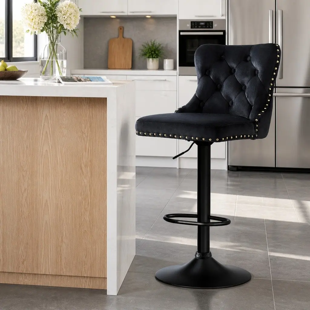 Bar Stool Black Adjustable Height Padded Seat Nailhead Trim