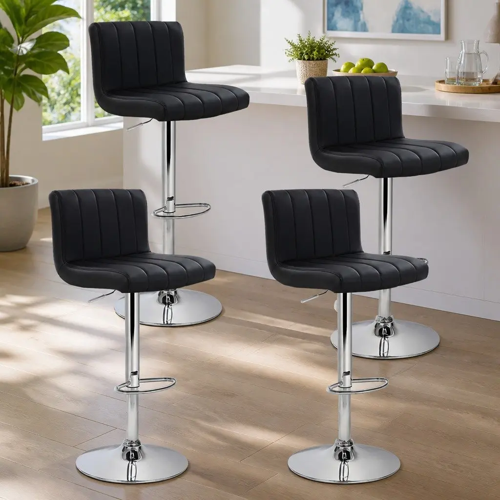 Bar Stools Black PU Leather Adjustable Height Gas Lift Swivel Seat High Backrest Set of 4