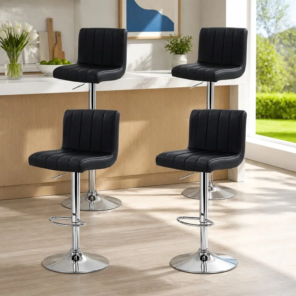 Bar Stools Black PU Leather Adjustable Height Gas Lift Swivel Seat High Backrest Set of 4