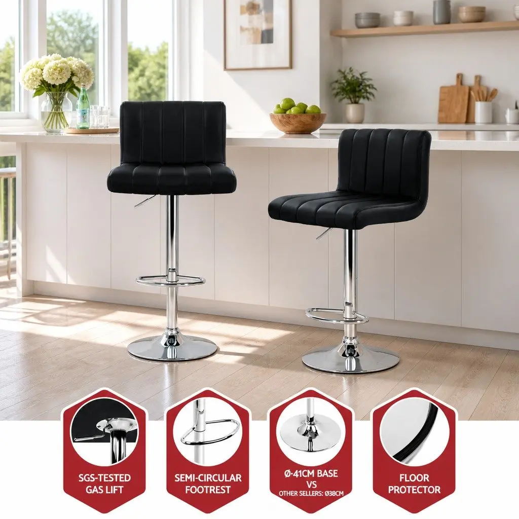 Bar Stools Black PU Leather Adjustable Height Gas Lift Swivel Seat High Backrest Set of 4