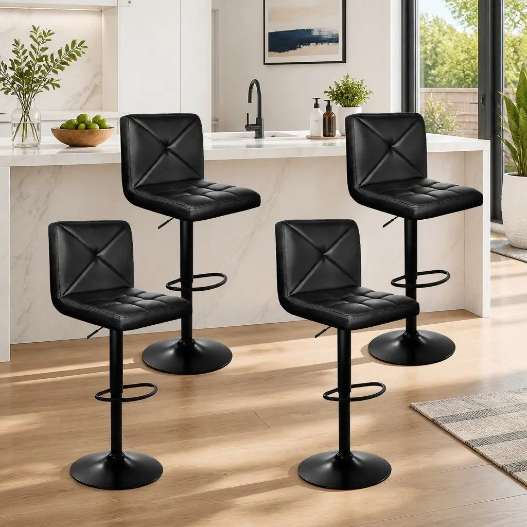 Bar Stools Black Height Adjustable Padded Seat 360 Degree Swivel Set of 4