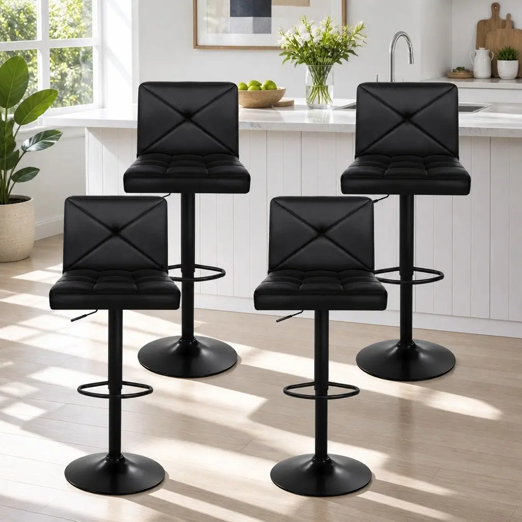 Bar Stools Black Height Adjustable Padded Seat 360 Degree Swivel Set of 4