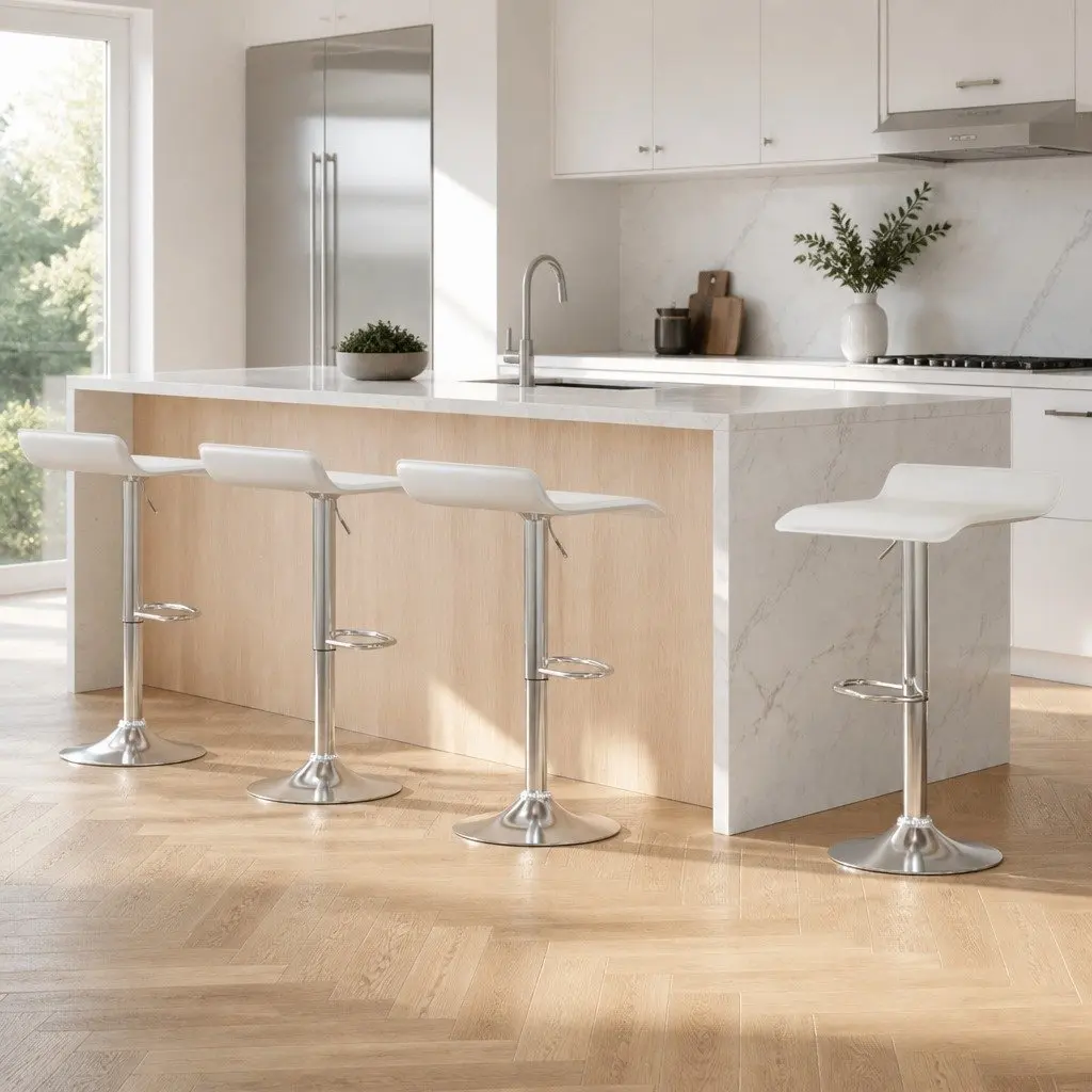 Bar Stools White Adjustable Height Swivel Seat Set of 4 Kitchen Counter Seating