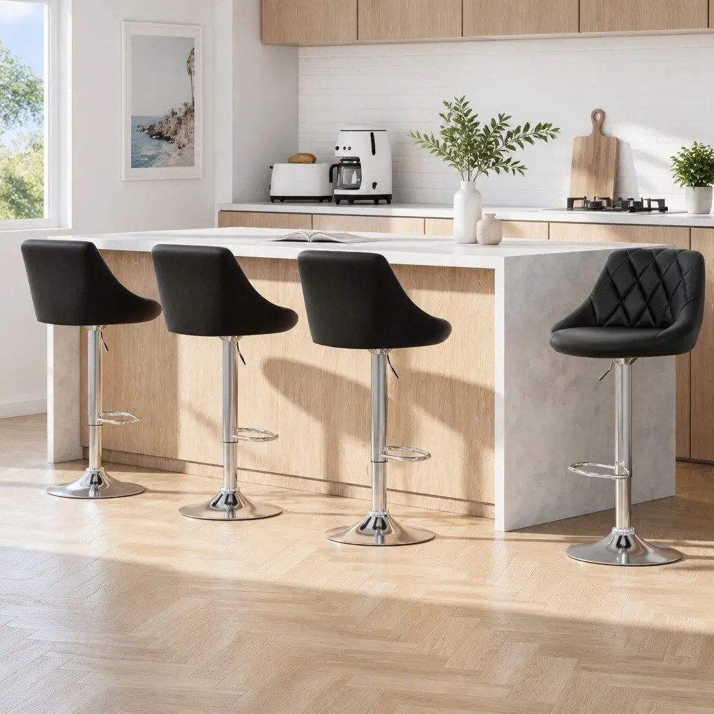 Bar Stools Black Padded Adjustable Gas Lift Swivel Chair Set of 4