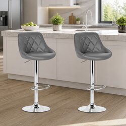 Bar Stools x2 Grey Padded Gas Lift Swivel Seat Chrome Base Height Adjustable